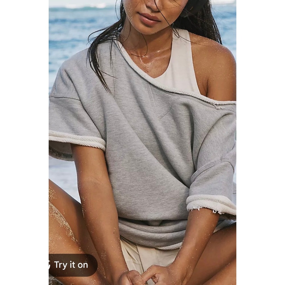 Free People Movement FP Heather Gray Short Sleeve Sweatshirt Off Shoulder M